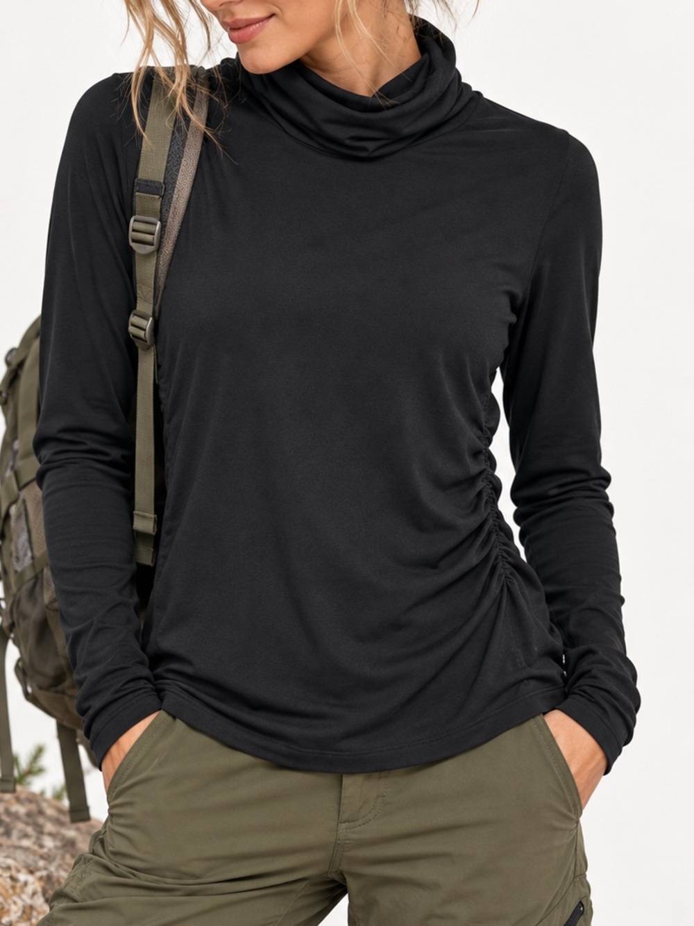 Merrell Women’s Black Select Wick Ruched Cowl/Turtle Neck Hiking Top Size Large